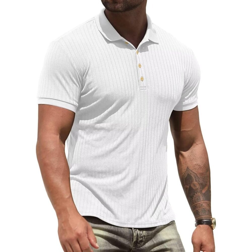 🆕Men White Polyester Polo Shirt Slim Fit Casual Summer Short Sleeve Workout
